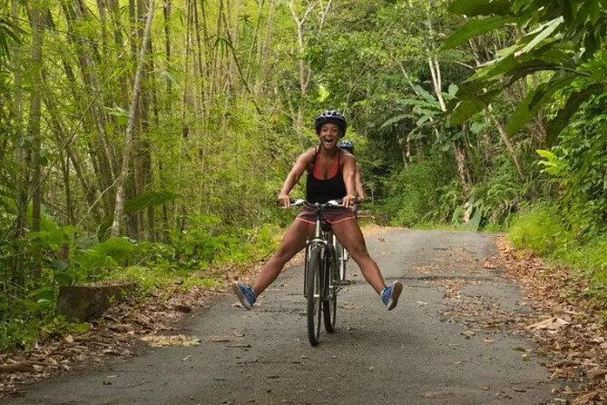 Rainforest Cycling Adventure in St. Lucia - Forest trails, gardens, river, and bridge